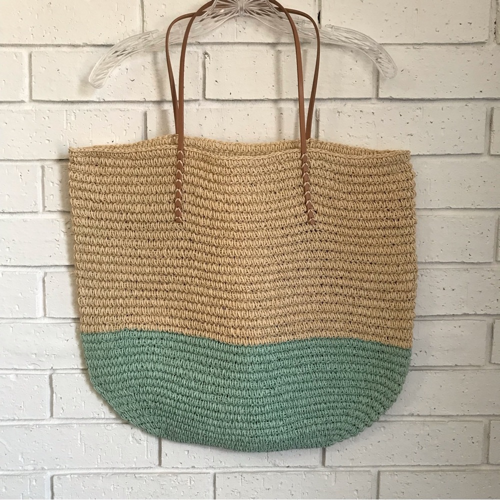Merona Woven Recycled Paper & Leather Handle Tan & Light Blue Tote